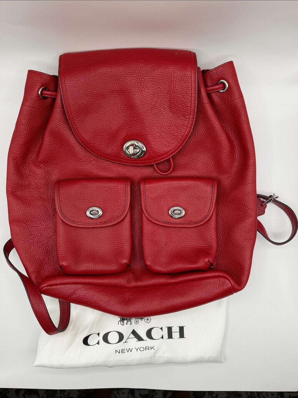 Coach Red Pebbled Leather Drawstring Backpack with Front Pockets